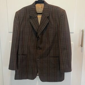 Stacy Adams Brown Plaid Super 100s Wool Blend Blazer Mens‎ Designer 44R